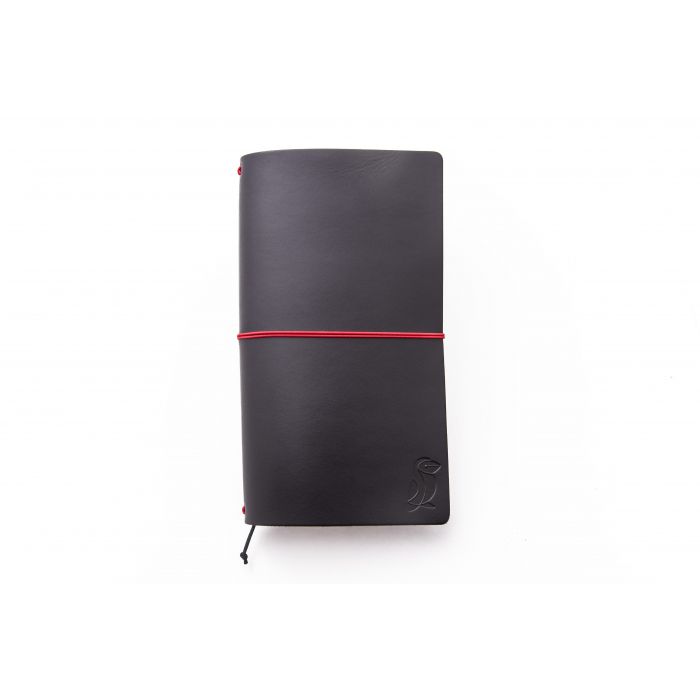 Reisenotizbuch aus schwarzem Leder/rotem Gummi