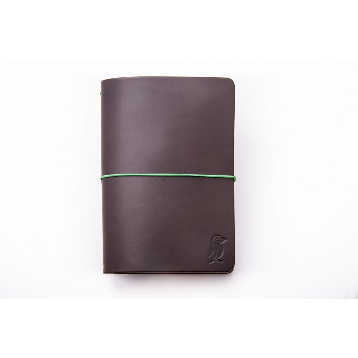 Reisepass-Notizbuch aus braunem Leder/grünem Gummi
